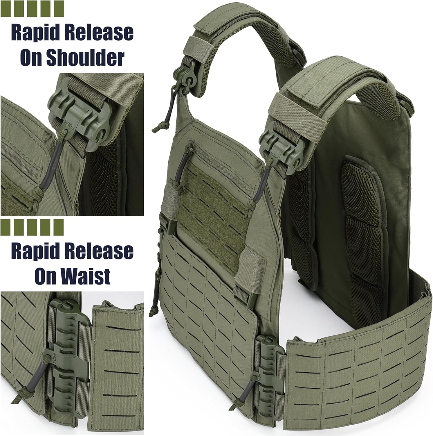 Tactical Quick Release Vest for Men, Fully Adjustable Plate Carriers Vest with Breathable 3D Mesh Liner