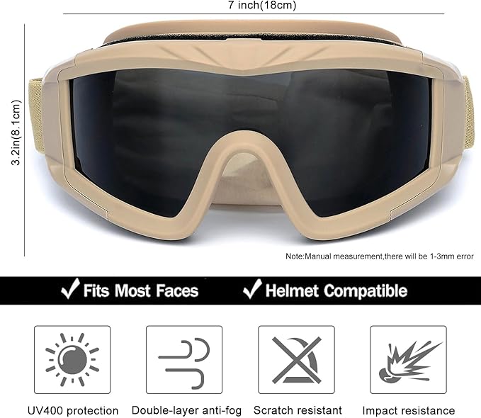 Airsoft Goggles Anti Fog Army Tactical Goggles with 3 Interchangeable Lens UV400 Protection Airsoft Desert