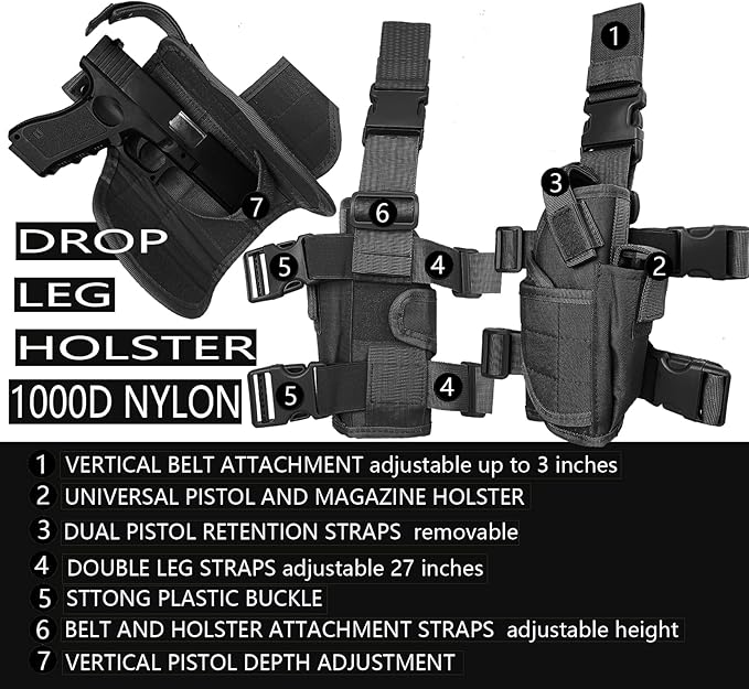 Tactical Pistol Thigh Gun Holster, Drop Leg Holster, Right Hand Adjustable