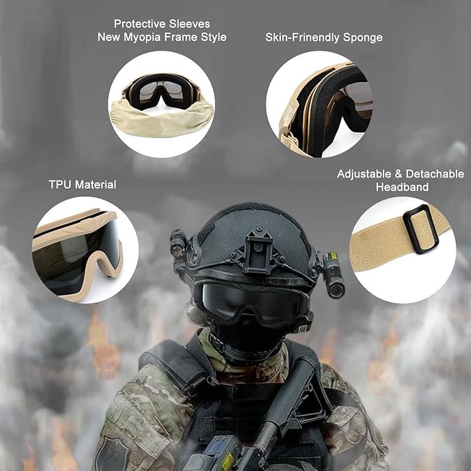 Airsoft Goggles Anti Fog Army Tactical Goggles with 3 Interchangeable Lens UV400 Protection Airsoft Desert
