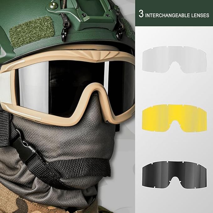Airsoft Goggles Anti Fog Army Tactical Goggles with 3 Interchangeable Lens UV400 Protection Airsoft Desert