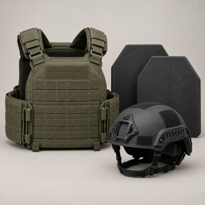Armor Kit - Illustrative Image Illustrative armor kit with carrier, inserts, and helmet; exact contents may vary
