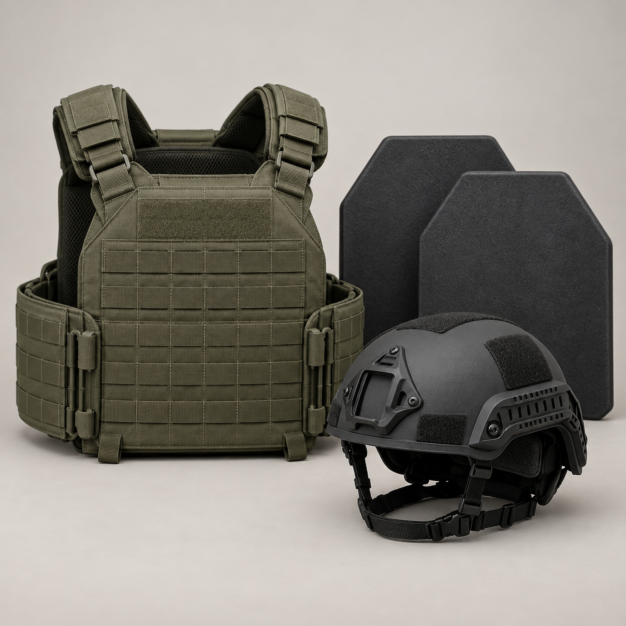 Illustrative armor kit with carrier, inserts, and helmet; exact contents may vary